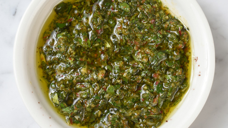 oil and herb sauce in dish