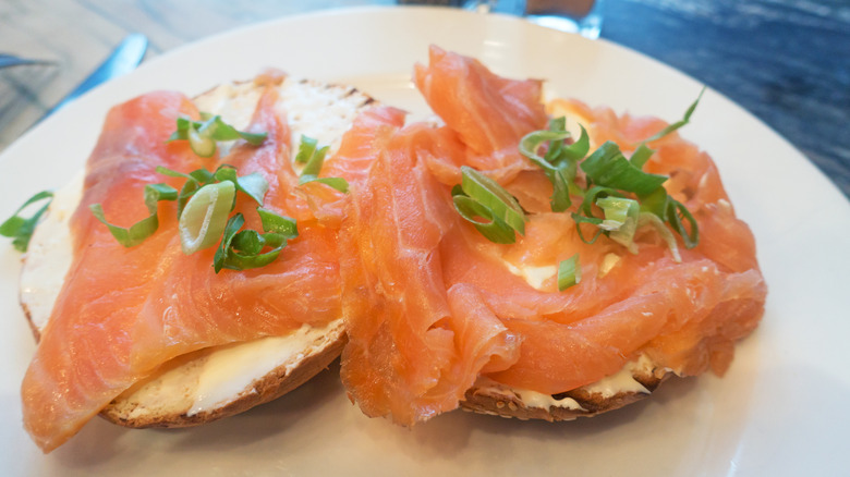 Smoked salmon served on a bagel with cream cheese