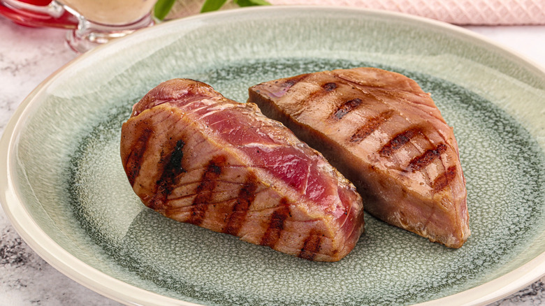 Grilled tuna steak on a plate