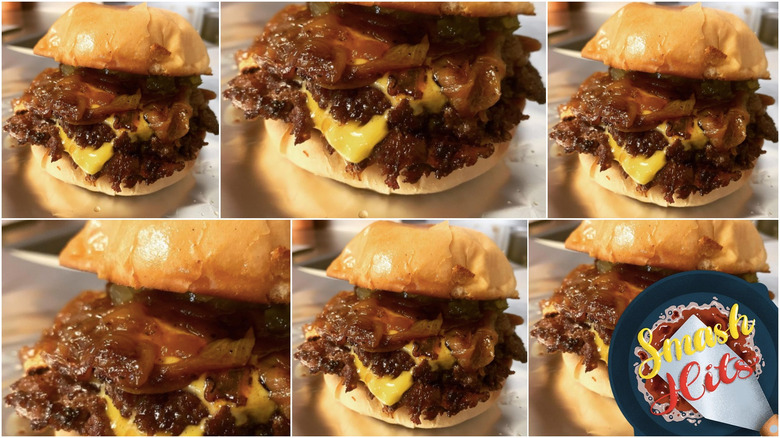 multiple shots of smash burgers