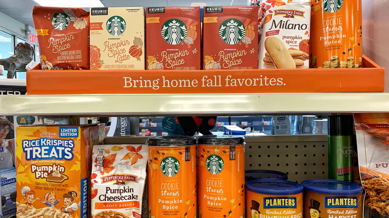 pumpkin flavored things grouped together at supermarket