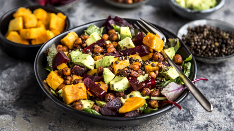 Colorful roasted veggies in a salad