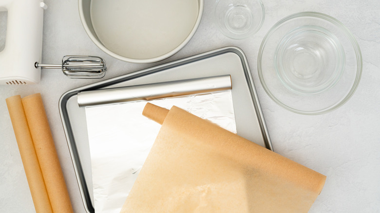 Foil, parchment, a mixer, sheet pan and mixing bowls.