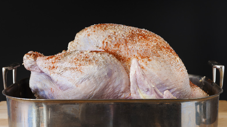 A raw turkey in a roasting pan.