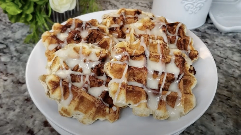 Waffle cinnamon rolls with icing