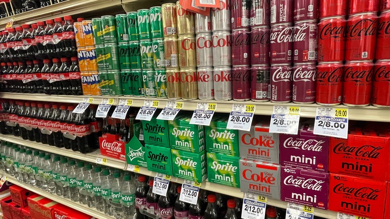 Sodas stocked on supermarket shelves