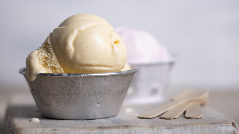 A scoop of French vanilla ice cream in a small, cold, metal bowl.