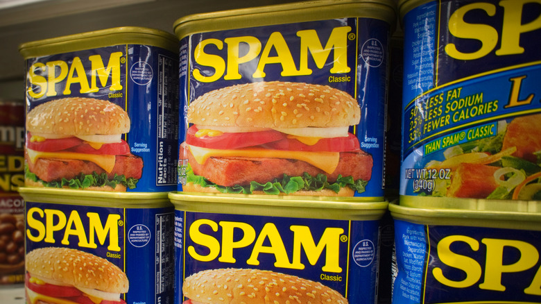 Cans of Spam at the supermarket