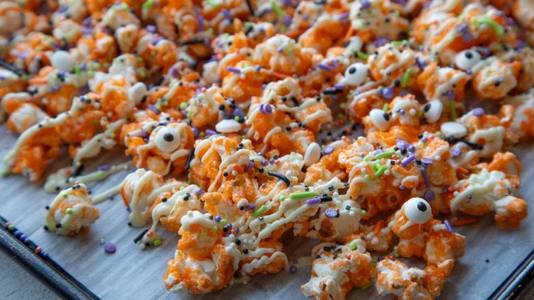 orange popcorn with Halloween sprinkles