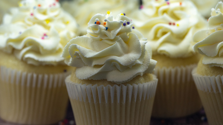 Cupcakes topped with whipped cream frosting and sprinkles