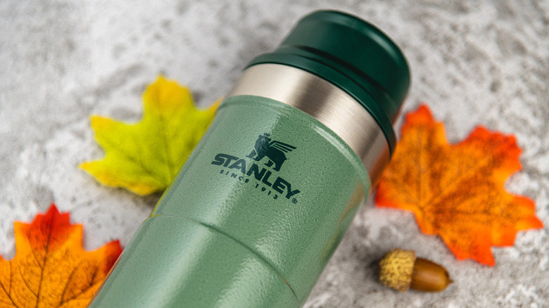 A Stanley branded travel mugs lay on a background with leaves