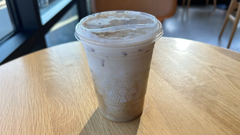 overhead photo of iced Pecan Crunch Oatmilk Latte