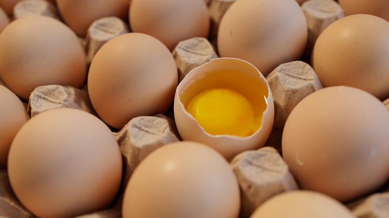 An egg cracked open sits in a carton with other eggs.