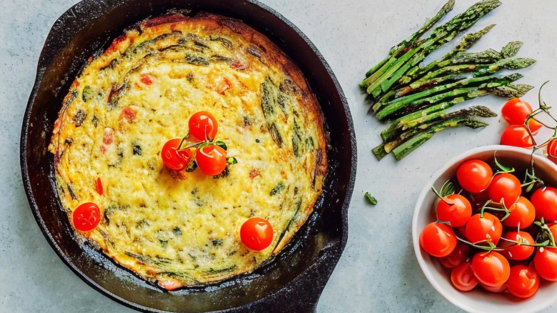 A frittata sits in a pan and is topped with cherry tomatoes and asparagus on the side.