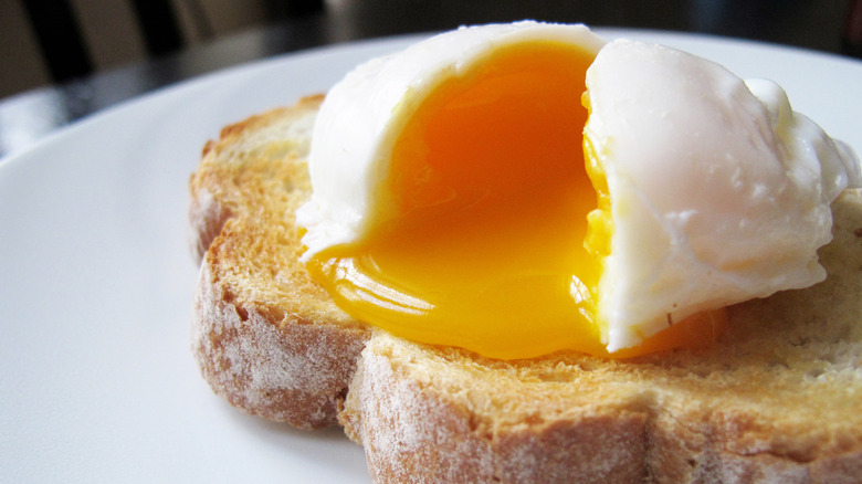 A poached egg sits on toast with a runny yolk.