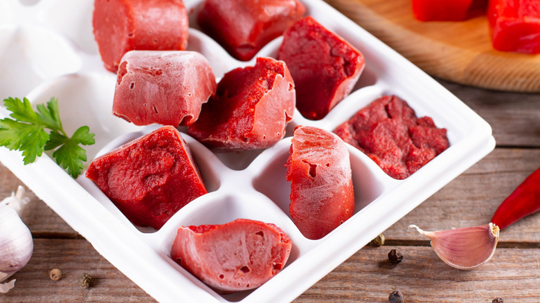 Cubes of frozen tomato paste in ice cube tray