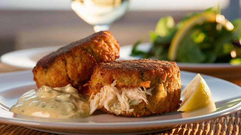 Fried crab cakes on a plate with dipping sauce and lemon