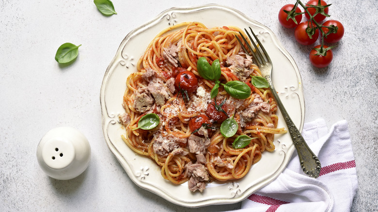 Tuna on a plate of spaghetti