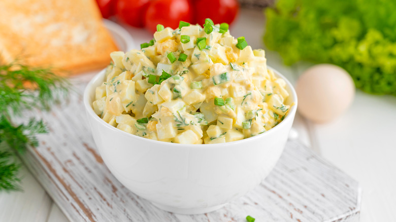 White bowl of egg salad