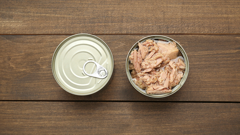 Two cans of tuna, one open and one not