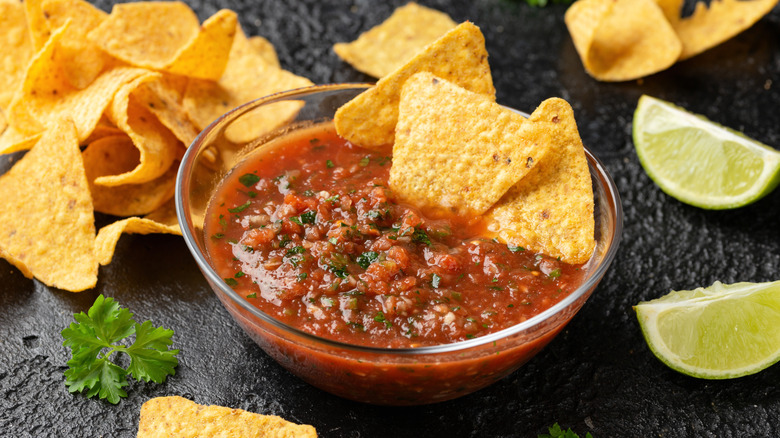 A tortilla chip being dipped in a bowl of tomato salsa