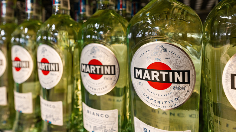 Martini branded bottles of dry vermouth on a shelf