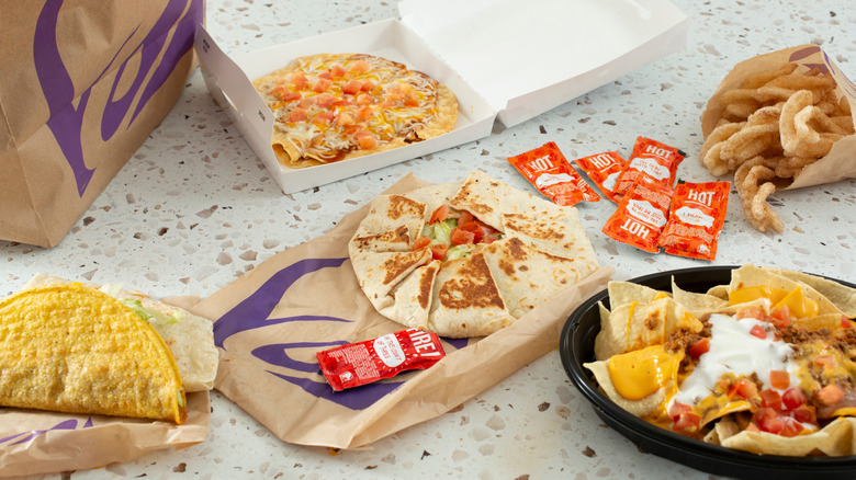 A variety of menu items from a Taco Bell combo meal