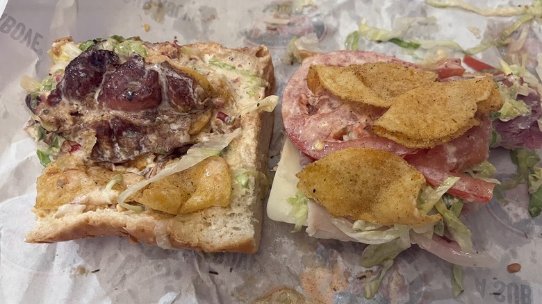 Chips layered inside a #9 Jersey Mike's sandwich