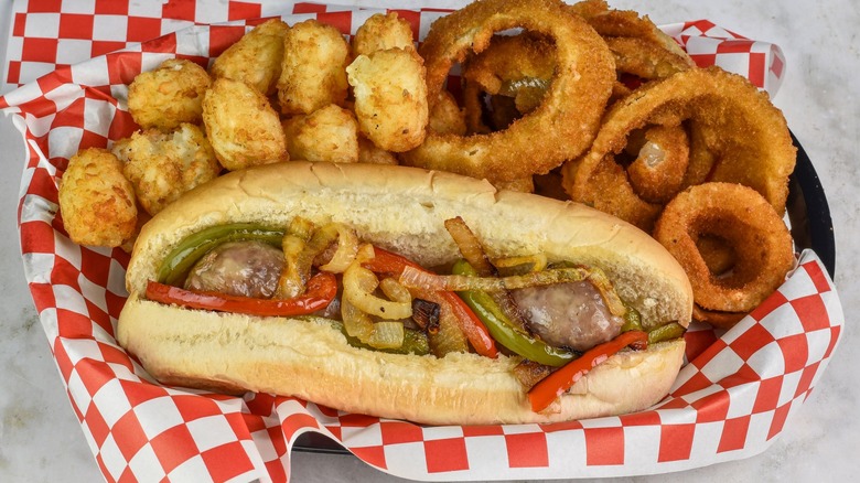 A sweet Italian sausage sub with onions and peppers