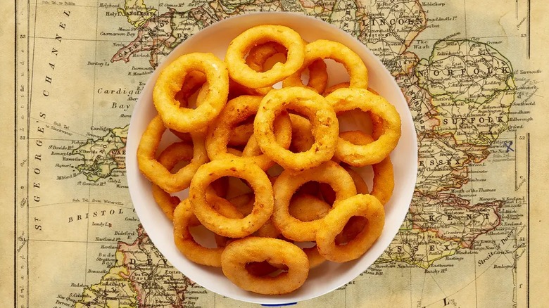 Onion rings in white bowl on a map