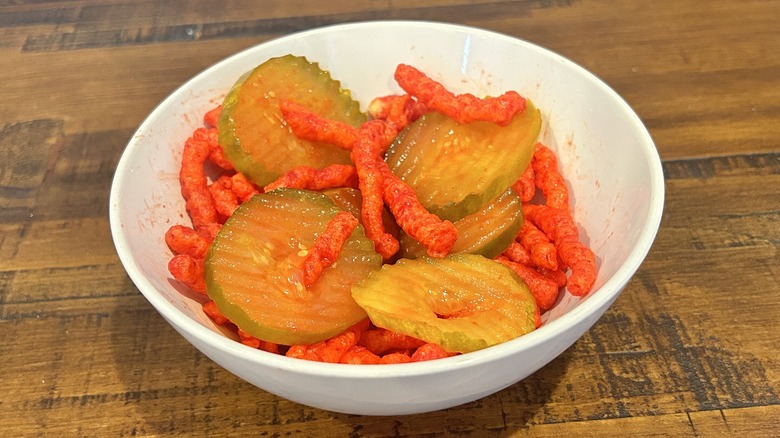 Hot Cheetos and pickles snack