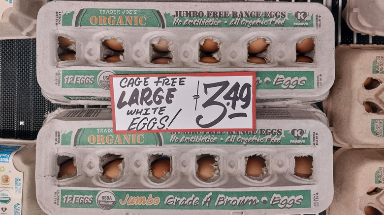 The price of one dozen eggs are shown over Trader Joe's eggs