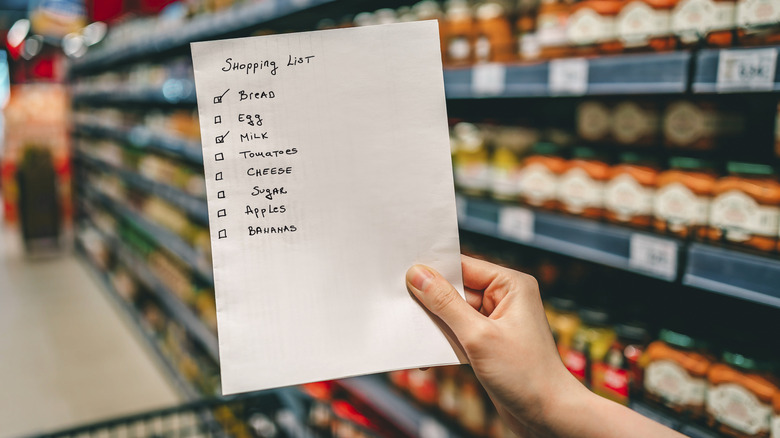 Hand holding grocery list