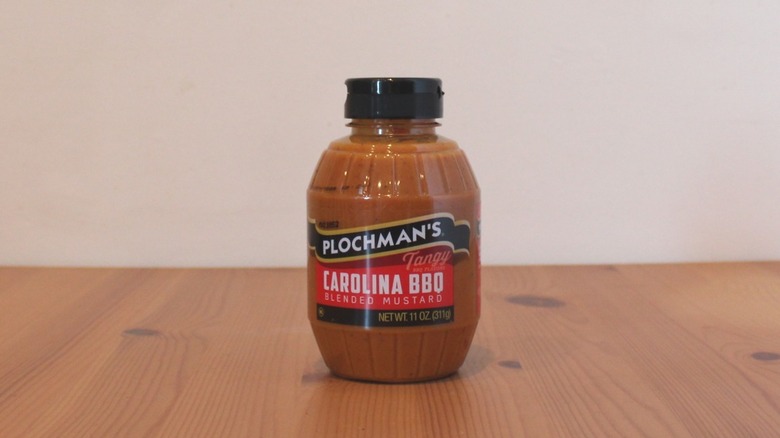 Plochman's Carolina BBQ mustard on a wooden table