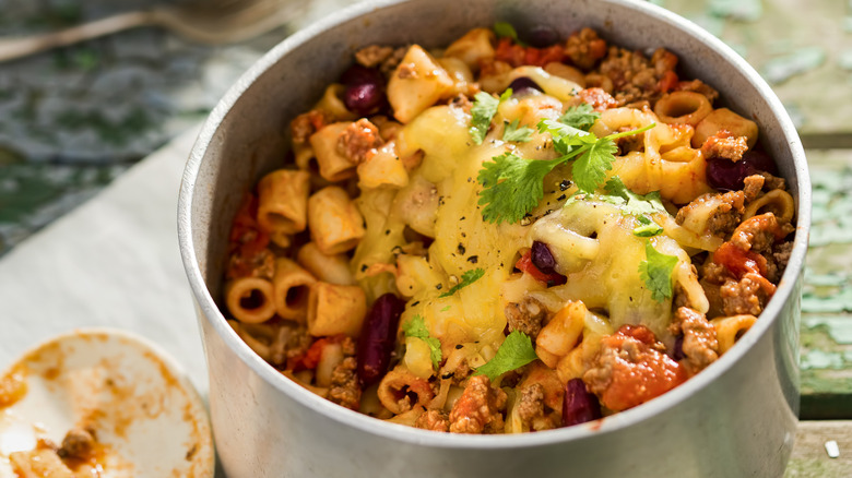 A bowl of chili mac and cheese