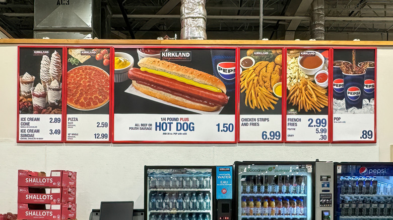 costco food court sign with images of their products, including hot dog combo