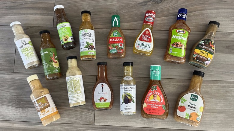 A variety of Italian dressing bottles