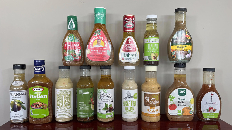 Bottles of Italian dressing stacked on display