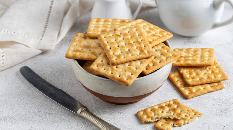 bowl of square crackers