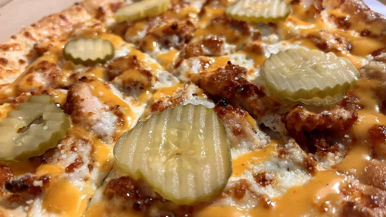 A close-up of Little Blue Menu's Chick-fil-A Pizza Pie