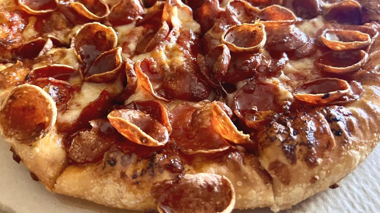 A close-up of Pizza Hut's Hot Honey Pepperoni pizza