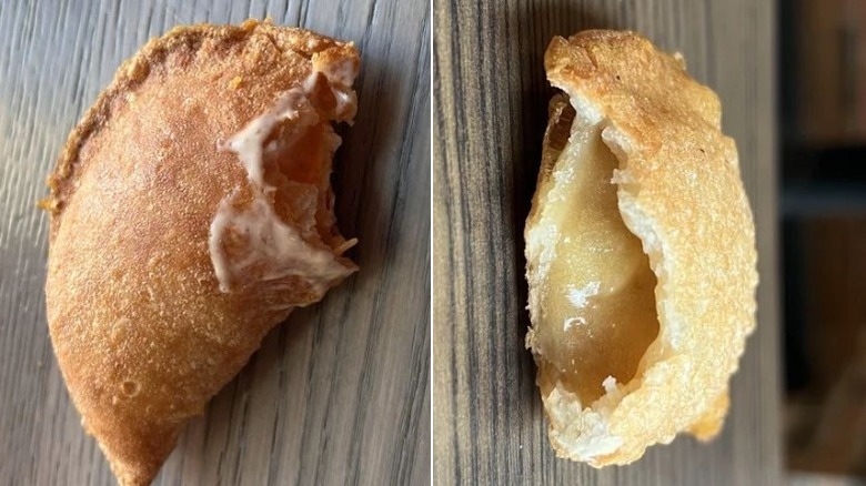 A Cheesy Chicken Crispinada on the left, and a Caramel Apple Empanada on the right