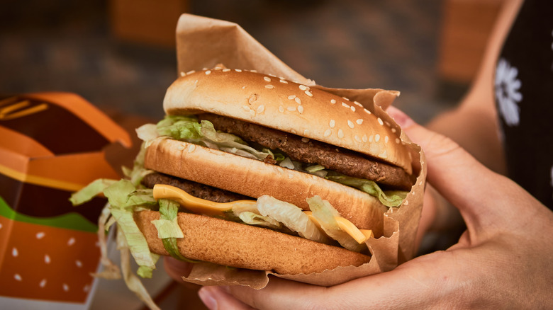 Hand holding McDonald's Big Mac burger