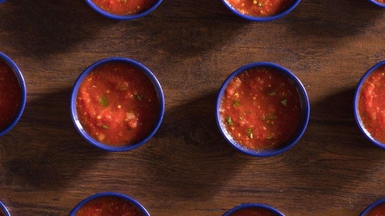 Close-ups of On The Border salsas in small blue bowls (the best picture I could find)