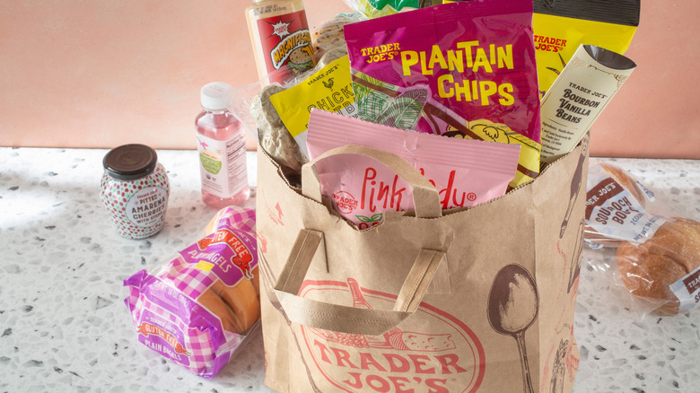 Paper shopping bag with Trader Joe's groceries