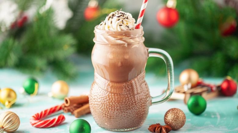 A Dirty Snowman alcoholic hot chocolate in a glass mug