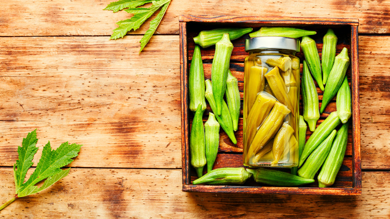 Jar of pickled okra framed by other okra and herbs on a wooden table