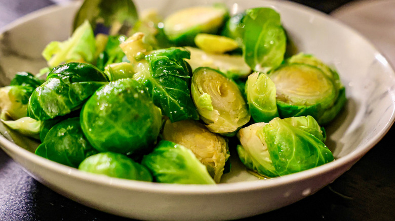 Cooked Brussels sprouts in a bowl