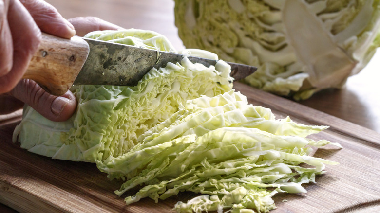 Person's hands slicing a cabbage with a knife on a cutting board