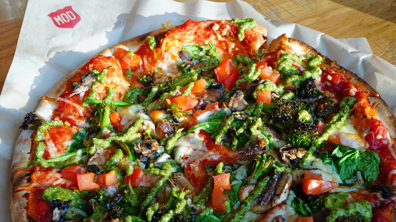 Veggie pizza from MOD on top of napkins